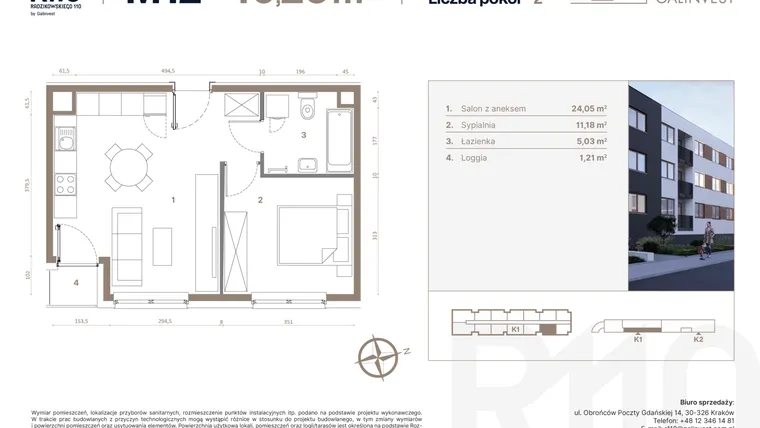Rzut - Mieszkanie na sprzedaż 2 pokoje o powierzchni 40,26 m² - numer 12 w Radzikowskiego 110