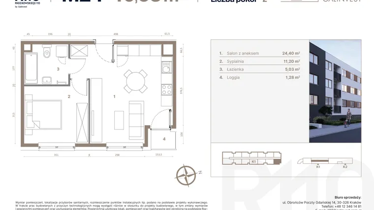 Rzut - Mieszkanie na sprzedaż 2 pokoje o powierzchni 40,63 m² - numer 24 w Radzikowskiego 110