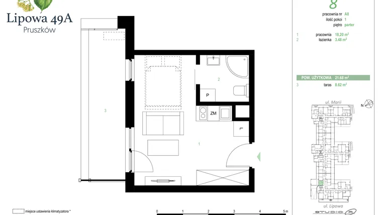Rzut - Mieszkanie na sprzedaż 1 pokój o powierzchni 21,68 m² - numer 8A w Lipowa 49A - Apartamenty inwestycyjne