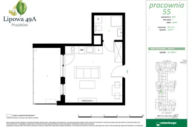 Rzut - Mieszkanie na sprzedaż 1 pokój o powierzchni 24,05 m² - numer 55B w Lipowa 49A - Apartamenty inwestycyjne
