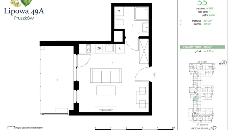 Rzut - Mieszkanie na sprzedaż 1 pokój o powierzchni 24,05 m² - numer 55B w Lipowa 49A - Apartamenty inwestycyjne