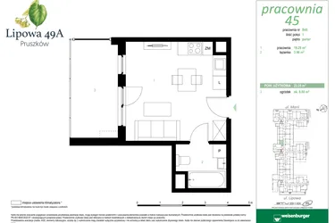 Rzut - Mieszkanie na sprzedaż 1 pokój o powierzchni 23,25 m² - numer 45B w Lipowa 49A - Apartamenty inwestycyjne