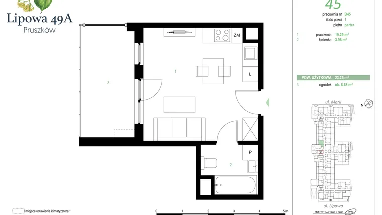 Rzut - Mieszkanie na sprzedaż 1 pokój o powierzchni 23,25 m² - numer 45B w Lipowa 49A - Apartamenty inwestycyjne