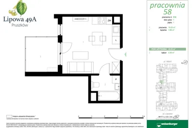 Rzut - Mieszkanie na sprzedaż 1 pokój o powierzchni 23,25 m² - numer 58B w Lipowa 49A - Apartamenty inwestycyjne