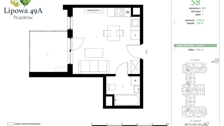 Rzut - Mieszkanie na sprzedaż 1 pokój o powierzchni 23,25 m² - numer 58B w Lipowa 49A - Apartamenty inwestycyjne
