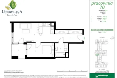 Rzut - Mieszkanie na sprzedaż 2 pokoje o powierzchni 45,23 m² - numer 70B w Lipowa 49A - Apartamenty inwestycyjne