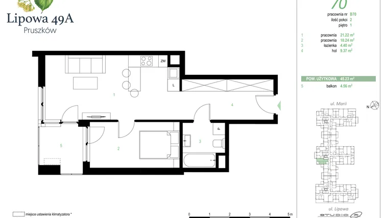 Rzut - Mieszkanie na sprzedaż 2 pokoje o powierzchni 45,23 m² - numer 70B w Lipowa 49A - Apartamenty inwestycyjne