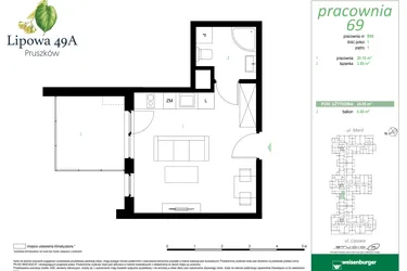 Rzut - Mieszkanie na sprzedaż 1 pokój o powierzchni 24,05 m² - numer 69B w Lipowa 49A - Apartamenty inwestycyjne