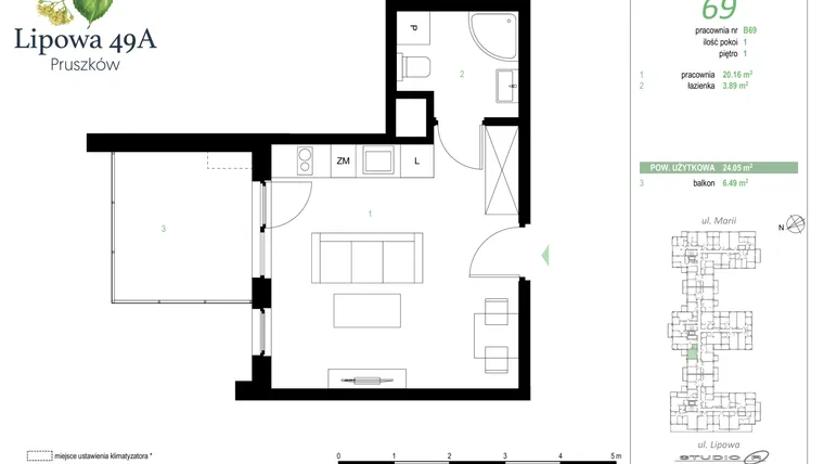 Rzut - Mieszkanie na sprzedaż 1 pokój o powierzchni 24,05 m² - numer 69B w Lipowa 49A - Apartamenty inwestycyjne