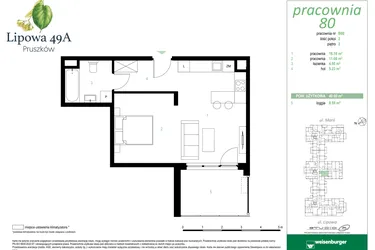 Rzut - Mieszkanie na sprzedaż 2 pokoje o powierzchni 40 m² - numer 80B w Lipowa 49A - Apartamenty inwestycyjne