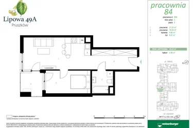 Rzut - Mieszkanie na sprzedaż 2 pokoje o powierzchni 45,23 m² - numer 84B w Lipowa 49A - Apartamenty inwestycyjne