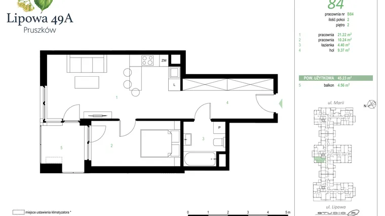 Rzut - Mieszkanie na sprzedaż 2 pokoje o powierzchni 45,23 m² - numer 84B w Lipowa 49A - Apartamenty inwestycyjne