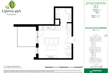 Rzut - Mieszkanie na sprzedaż 1 pokój o powierzchni 24,05 m² - numer 83B w Lipowa 49A - Apartamenty inwestycyjne