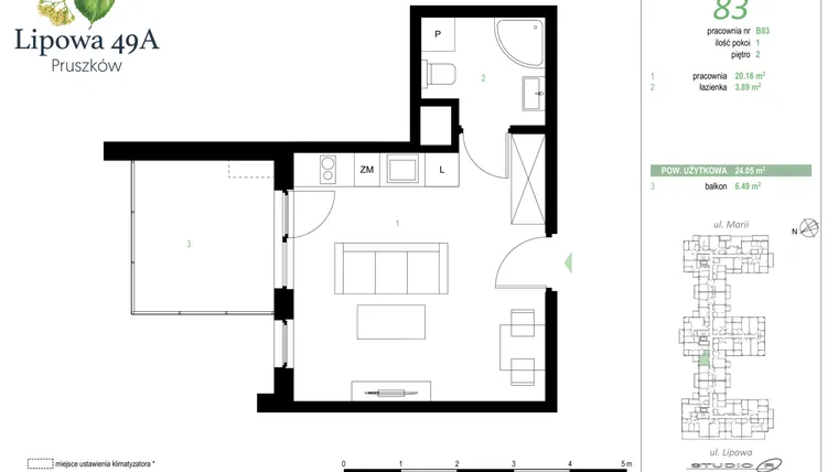 Rzut - Mieszkanie na sprzedaż 1 pokój o powierzchni 24,05 m² - numer 83B w Lipowa 49A - Apartamenty inwestycyjne