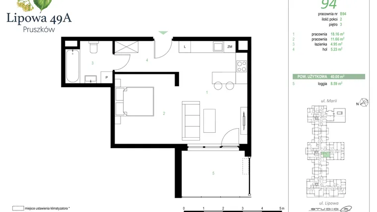 Rzut - Mieszkanie na sprzedaż 2 pokoje o powierzchni 40 m² - numer 94B w Lipowa 49A - Apartamenty inwestycyjne
