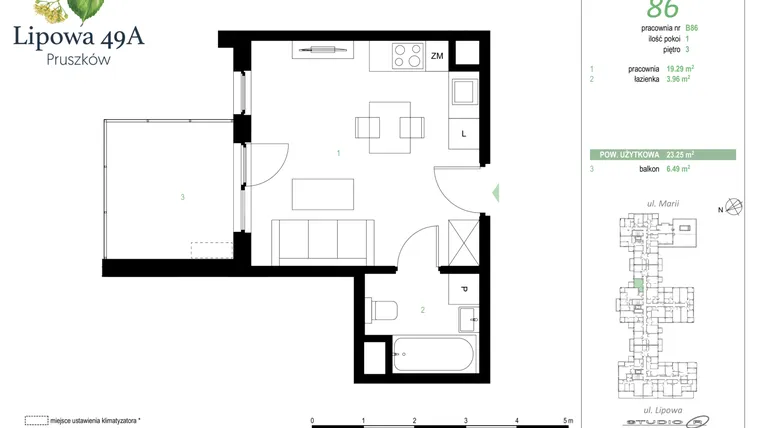 Rzut - Mieszkanie na sprzedaż 1 pokój o powierzchni 23,25 m² - numer 86B w Lipowa 49A - Apartamenty inwestycyjne