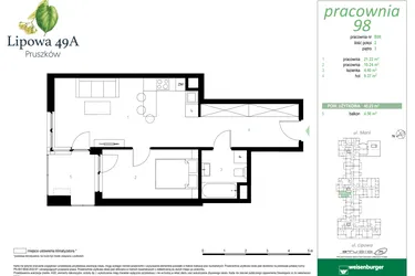 Rzut - Mieszkanie na sprzedaż 2 pokoje o powierzchni 45,23 m² - numer 98B w Lipowa 49A - Apartamenty inwestycyjne