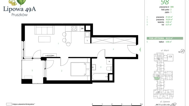 Rzut - Mieszkanie na sprzedaż 2 pokoje o powierzchni 45,23 m² - numer 98B w Lipowa 49A - Apartamenty inwestycyjne