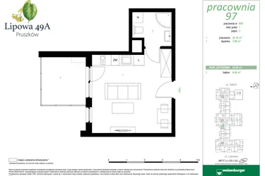 Rzut - Mieszkanie na sprzedaż 1 pokój o powierzchni 24,05 m² - numer 97B w Lipowa 49A - Apartamenty inwestycyjne