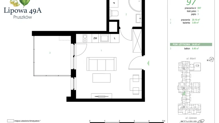 Rzut - Mieszkanie na sprzedaż 1 pokój o powierzchni 24,05 m² - numer 97B w Lipowa 49A - Apartamenty inwestycyjne