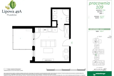 Rzut - Mieszkanie na sprzedaż 1 pokój o powierzchni 24,05 m² - numer 109B w Lipowa 49A - Apartamenty inwestycyjne