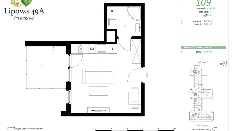Rzut - Mieszkanie na sprzedaż 1 pokój o powierzchni 24,05 m² - numer 109B w Lipowa 49A - Apartamenty inwestycyjne