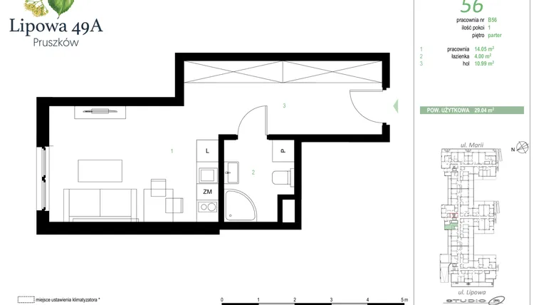 Rzut - Mieszkanie na sprzedaż 1 pokój o powierzchni 29,04 m² - numer 56B w Lipowa 49A - Apartamenty inwestycyjne