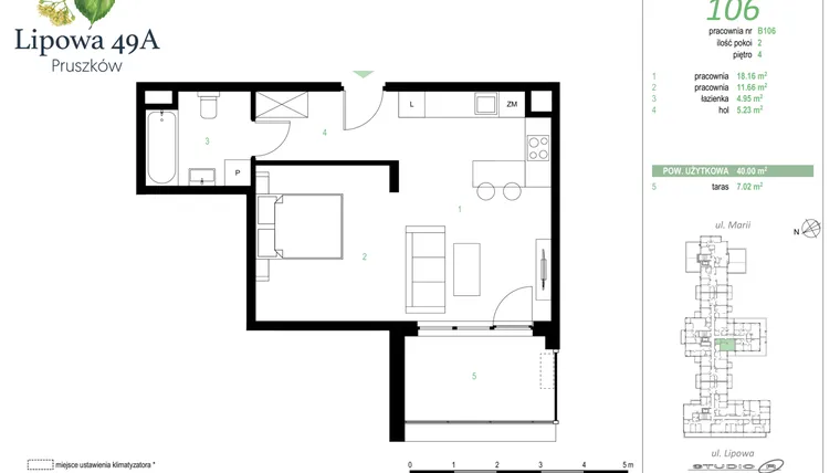 Rzut - Mieszkanie na sprzedaż 2 pokoje o powierzchni 40 m² - numer 106B w Lipowa 49A - Apartamenty inwestycyjne