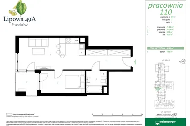 Rzut - Mieszkanie na sprzedaż 2 pokoje o powierzchni 45,23 m² - numer 110B w Lipowa 49A - Apartamenty inwestycyjne