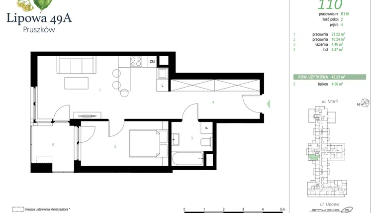 Rzut - Mieszkanie na sprzedaż 2 pokoje o powierzchni 45,23 m² - numer 110B w Lipowa 49A - Apartamenty inwestycyjne