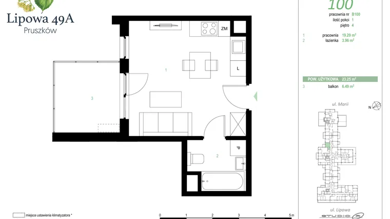 Rzut - Mieszkanie na sprzedaż 1 pokój o powierzchni 23,25 m² - numer 100B w Lipowa 49A - Apartamenty inwestycyjne