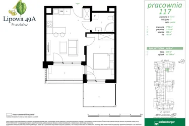 Rzut - Mieszkanie na sprzedaż 2 pokoje o powierzchni 34,18 m² - numer 117C w Lipowa 49A - Apartamenty inwestycyjne