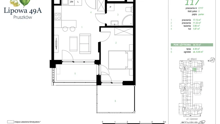 Rzut - Mieszkanie na sprzedaż 2 pokoje o powierzchni 34,18 m² - numer 117C w Lipowa 49A - Apartamenty inwestycyjne