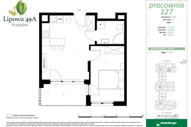 Rzut - Mieszkanie na sprzedaż 2 pokoje o powierzchni 34,18 m² - numer 127C w Lipowa 49A - Apartamenty inwestycyjne