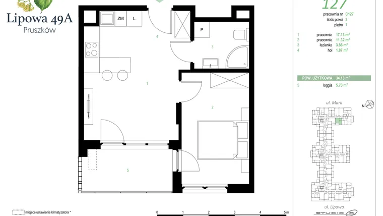 Rzut - Mieszkanie na sprzedaż 2 pokoje o powierzchni 34,18 m² - numer 127C w Lipowa 49A - Apartamenty inwestycyjne