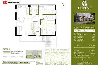 Rzut - Mieszkanie na sprzedaż 4 pokoje o powierzchni 68,75 m² - numer 1B w Wiązowna Forest