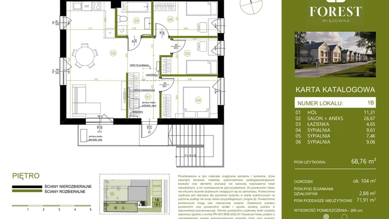 Rzut - Mieszkanie na sprzedaż 4 pokoje o powierzchni 68,75 m² - numer 1B w Wiązowna Forest