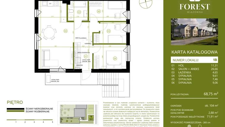Rzut - Mieszkanie na sprzedaż 4 pokoje o powierzchni 68,75 m² - numer 1B w Wiązowna Forest