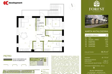 Rzut - Mieszkanie na sprzedaż 4 pokoje o powierzchni 68,75 m² - numer 2B w Wiązowna Forest