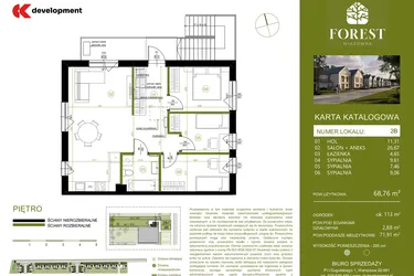 Rzut - Mieszkanie na sprzedaż 4 pokoje o powierzchni 68,75 m² - numer 2B w Wiązowna Forest