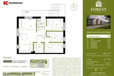 Rzut - Mieszkanie na sprzedaż 4 pokoje o powierzchni 68,75 m² - numer 2B w Wiązowna Forest