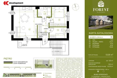 Rzut - Mieszkanie na sprzedaż 3 pokoje o powierzchni 53,01 m² - numer 3B w Wiązowna Forest