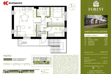 Rzut - Mieszkanie na sprzedaż 3 pokoje o powierzchni 53,01 m² - numer 5B w Wiązowna Forest