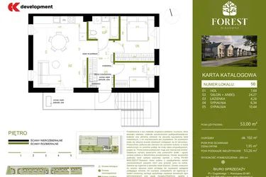 Rzut - Mieszkanie na sprzedaż 3 pokoje o powierzchni 53,01 m² - numer 5B w Wiązowna Forest
