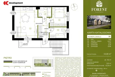 Rzut - Mieszkanie na sprzedaż 3 pokoje o powierzchni 53,01 m² - numer 5B w Wiązowna Forest
