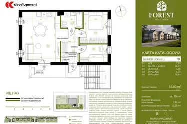 Rzut - Mieszkanie na sprzedaż 3 pokoje o powierzchni 53,01 m² - numer 7B w Wiązowna Forest