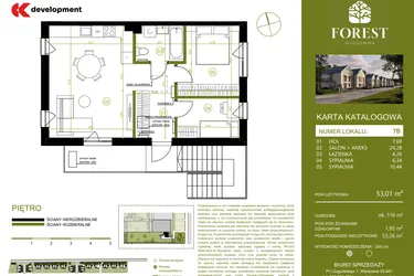 Rzut - Mieszkanie na sprzedaż 3 pokoje o powierzchni 53,01 m² - numer 7B w Wiązowna Forest