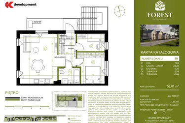 Rzut - Mieszkanie na sprzedaż 3 pokoje o powierzchni 53,01 m² - numer 8B w Wiązowna Forest