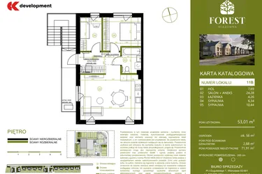 Rzut - Mieszkanie na sprzedaż 3 pokoje o powierzchni 53,01 m² - numer 11B w Wiązowna Forest