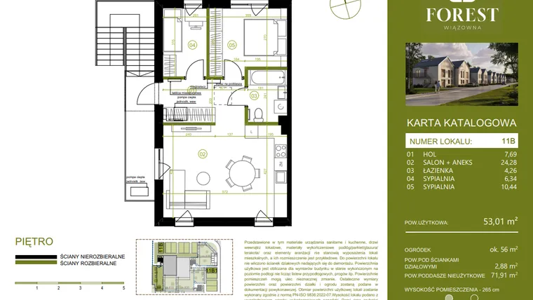 Rzut - Mieszkanie na sprzedaż 3 pokoje o powierzchni 53,01 m² - numer 11B w Wiązowna Forest